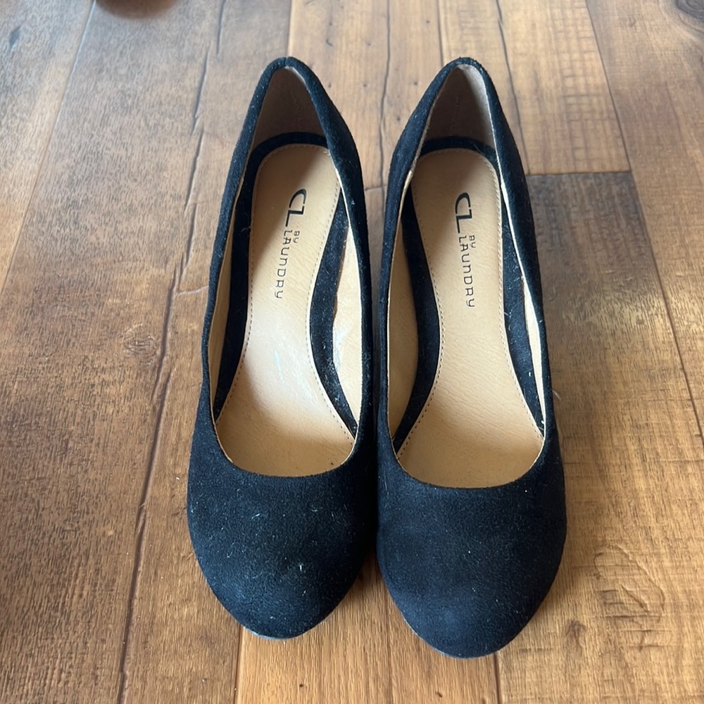 CL by Laundry Black Faux Suede Wedges
